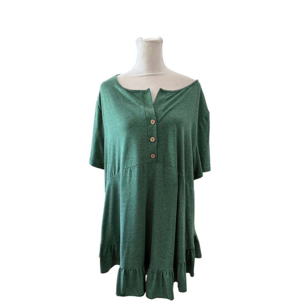 Agnes‎ Orinda Womens Plus 1X Green Ruffle Hem Henley Tunic Top Short Sleeve